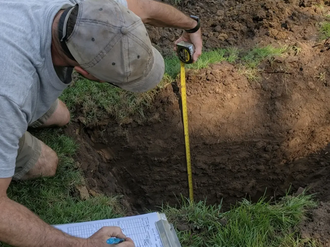 Septic system design soil evaluation with a test pit measured by tape and logged on a clipboard