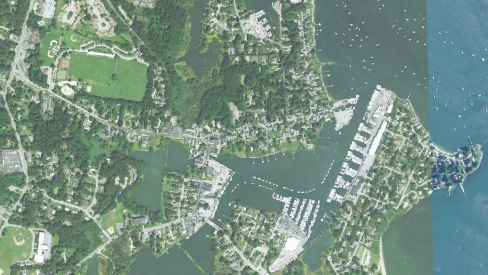 Aerial view of Wickford Harbor in North Kingstown, Rhode Island, in our service area